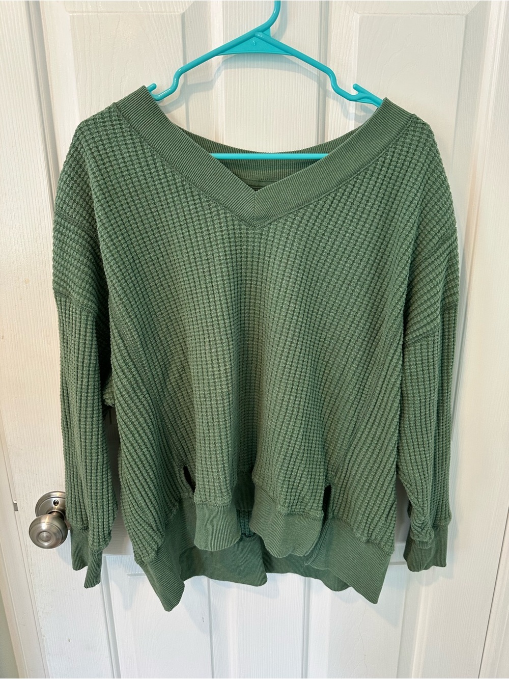 American Eagle Outfitters Olive Green V-Neck Waffle Knit Sweater
